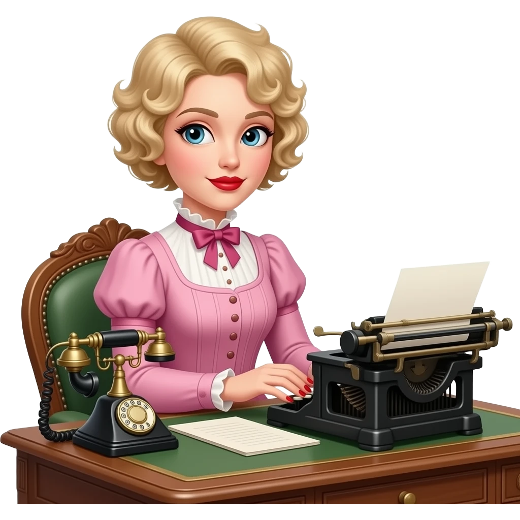 short blonde curly pixie bob hair in a 1800 pink outfit sitting down an antique desk, antique phone, and typing on an antique typewriter with red lipstick, red finger nails and in a Victorian setting emoji