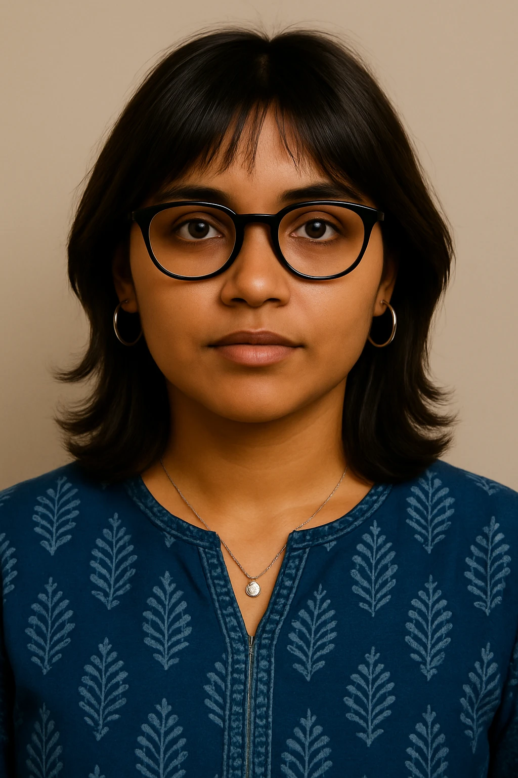 Keep the face and hair the same as the reference photo. Use realistic skin tone matching the reference. Add slight fringes on the top to slightly cover the forehead. Make the background soft beige. Change outfit to an indigo, handprinted kurti. Add bigger silver hoop earrings and a simple silver pendant around her neck. Keep the same confident look and black bowline spectacles. emoji