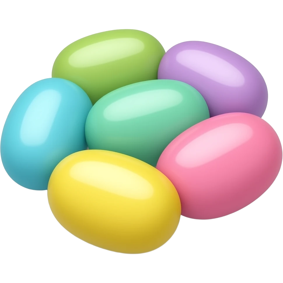 7 bonbons jelly beans, poignée de jelly beans au sol qui se touche, multicolore pastel clair, turquoise vert mauve rose jaune emoji