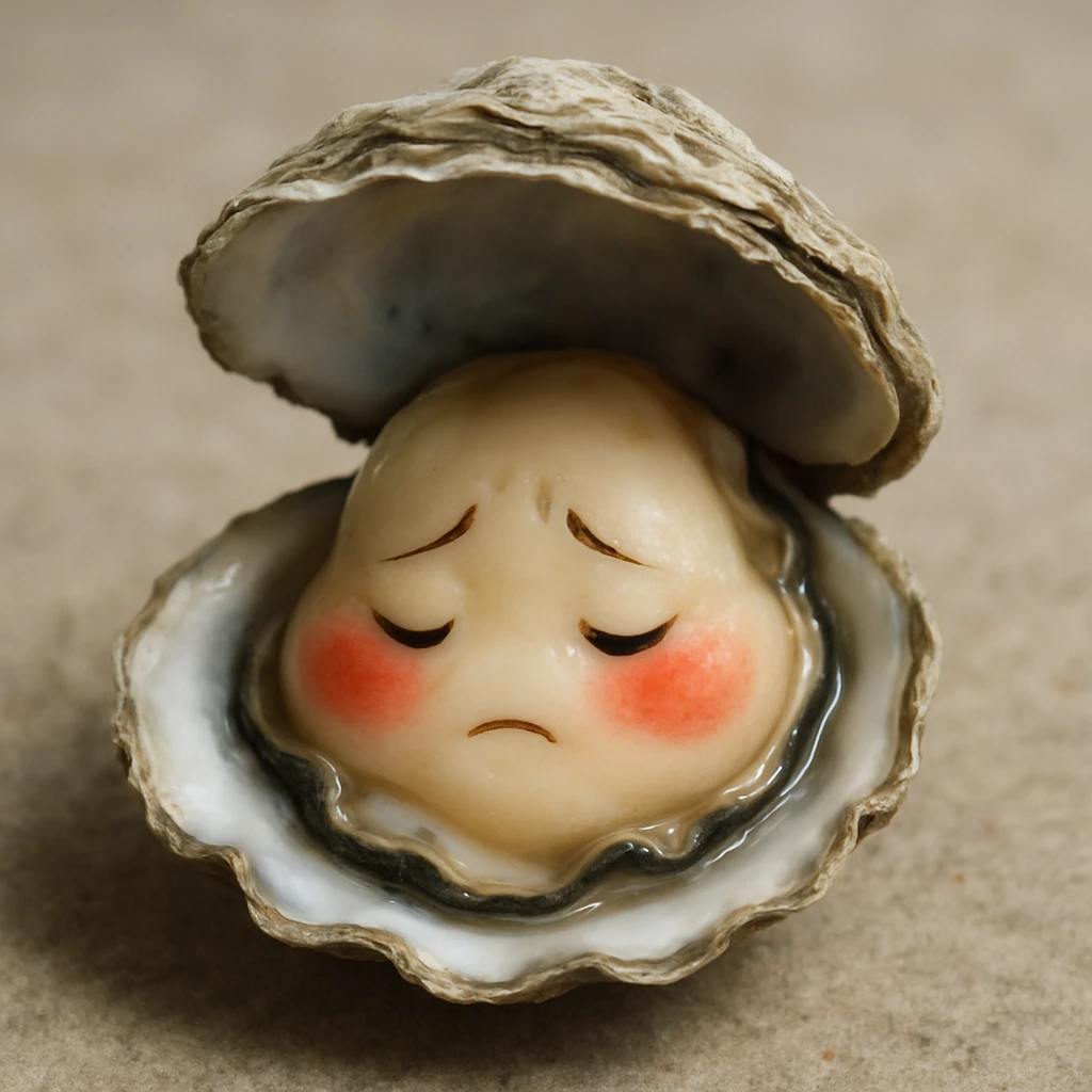 A cute oyster with a shy expression, very red cheeks, looking down, in photorealistic style. emoji