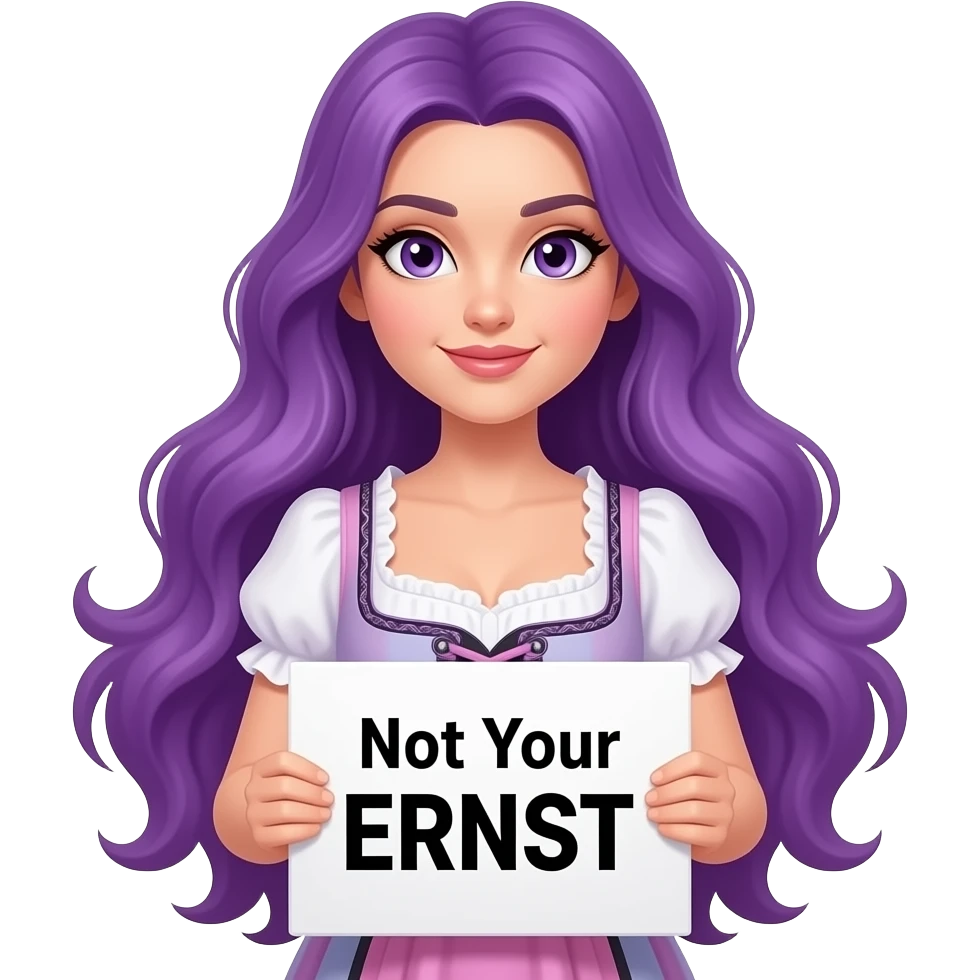 sexy girl with long purple hair and purple eyes wearing a dirndl holding a Not Your ERNST sign emoji