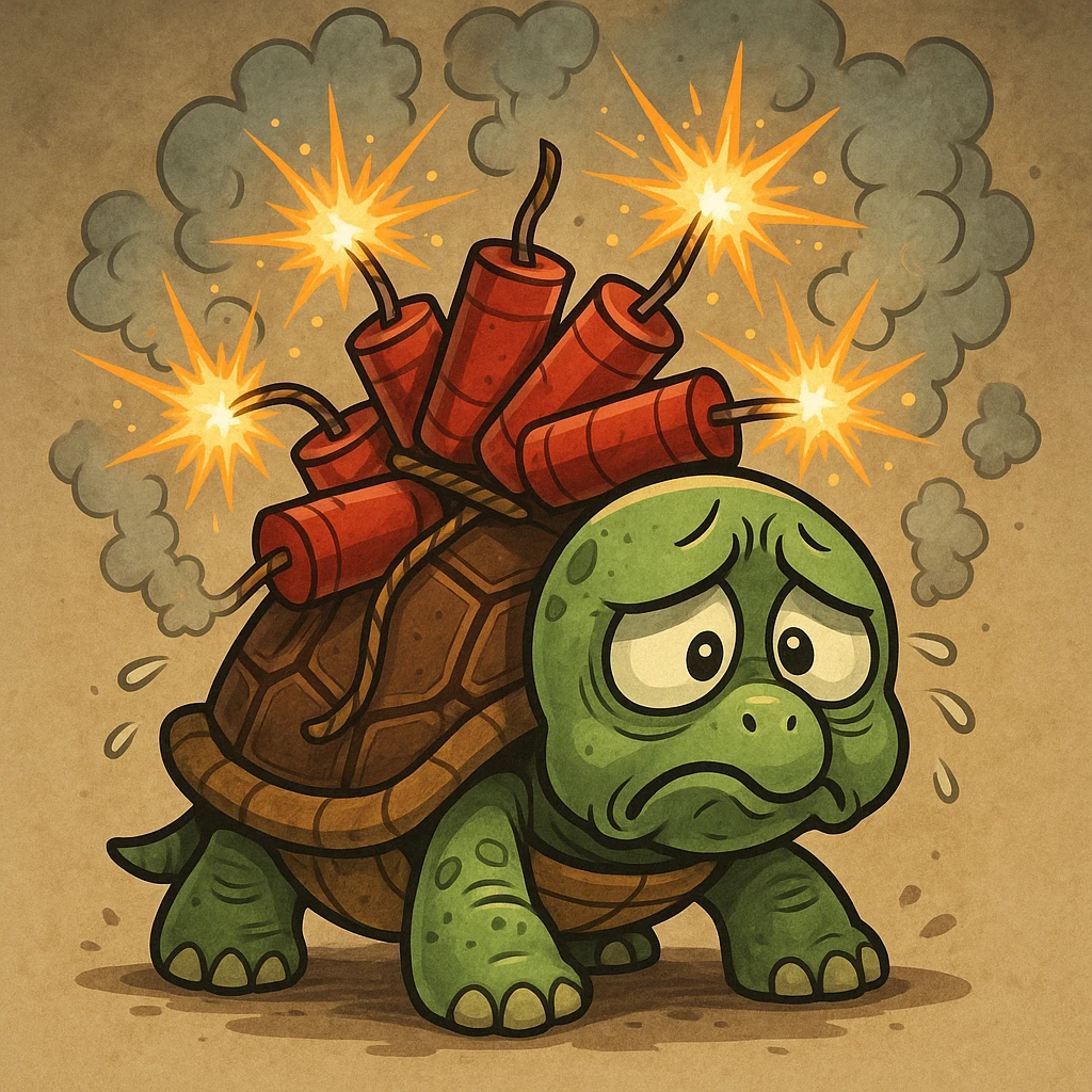 A cartoon turtle with firecrackers on its shell, appearing very sad and in pain, the firecrackers are sparking and dangerous emoji