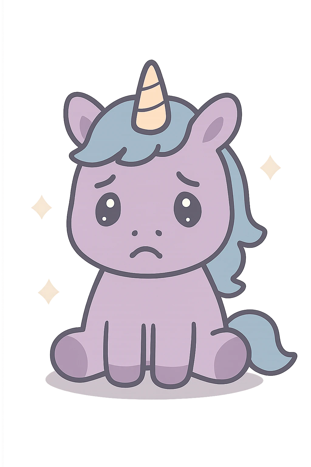 Remove the background, keep the depressed unicorn with an expressive sad face, muted colors, transparent background. emoji