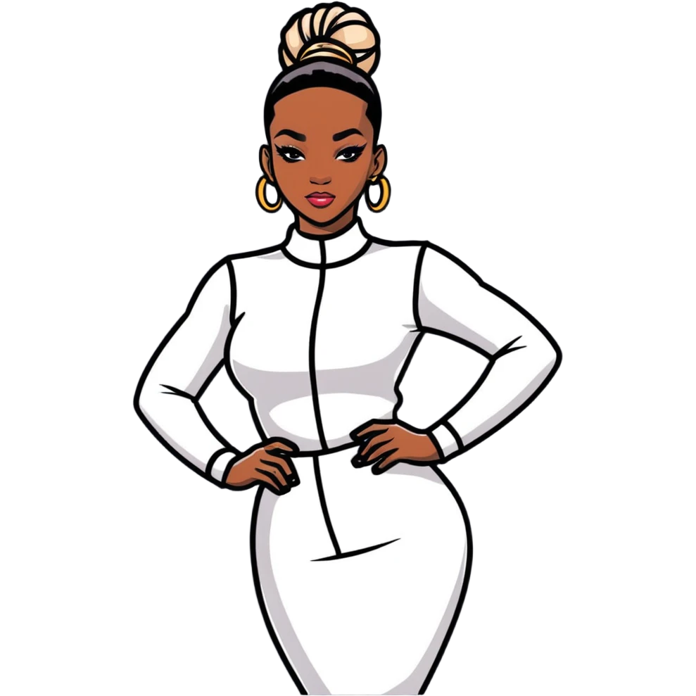 Glamorous African fashion model with tight high ponytail, catwalk pose, trendy designer outfit emoji