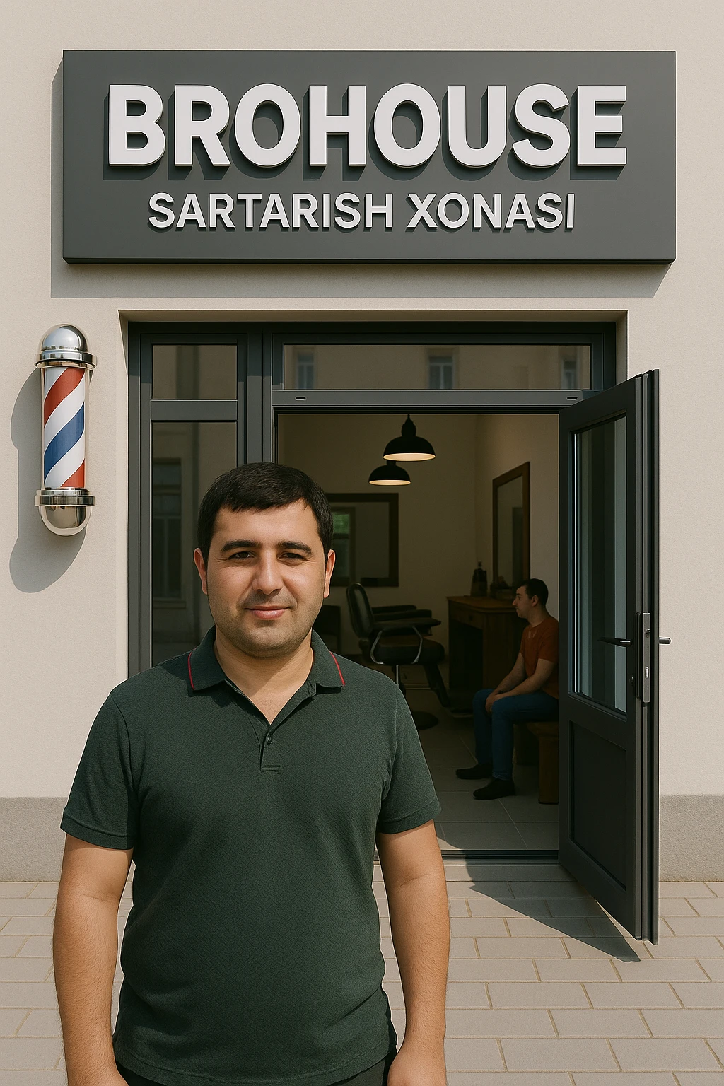 eni shu rasimga manashu odamga uxhshasin sartaosh eshik oldida tursin va tashqarida esa mijoz emoji