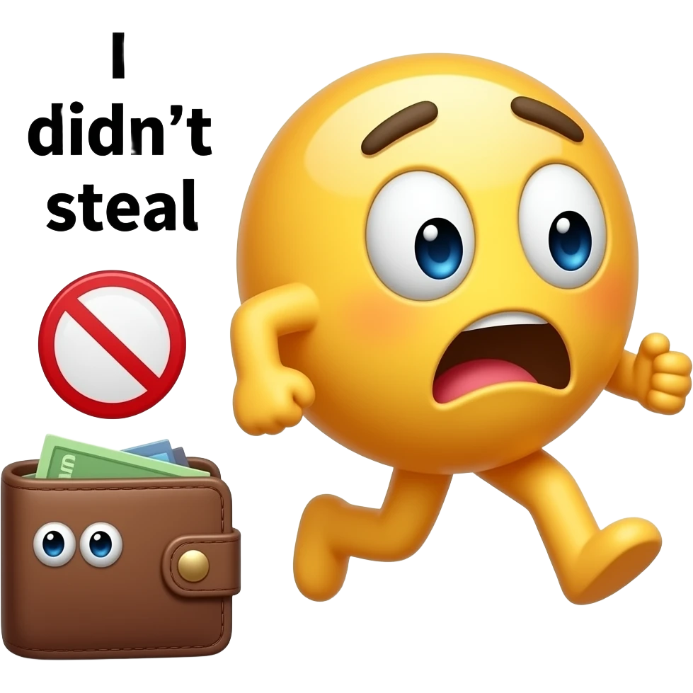 Мемный эмодзи в мультяшном стиле: забавный персонаж с испуганным лицом убегает от кошелька или сумки, прячет руки за спину. У кошелька могут быть «глазки» или лёгкая анимационная подача. Рядом маленький красный запрещающий знак. «я не воровал». emoji