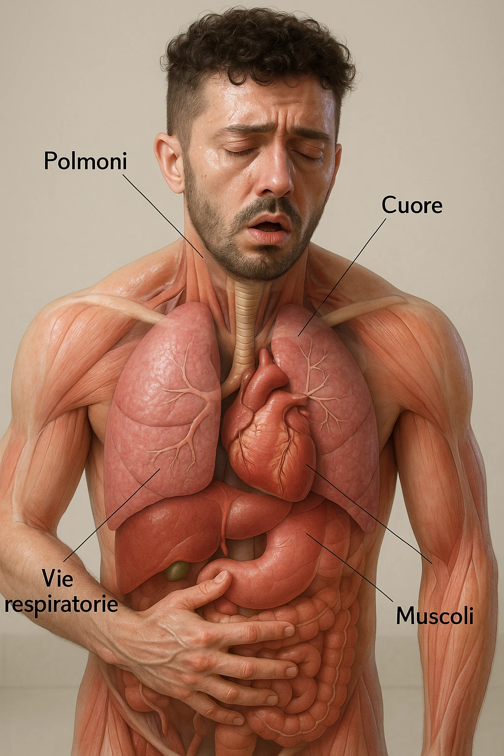 Uomo con stanchezza e respiro corto vista anatomica immagine realistica in 3D in italiano emoji