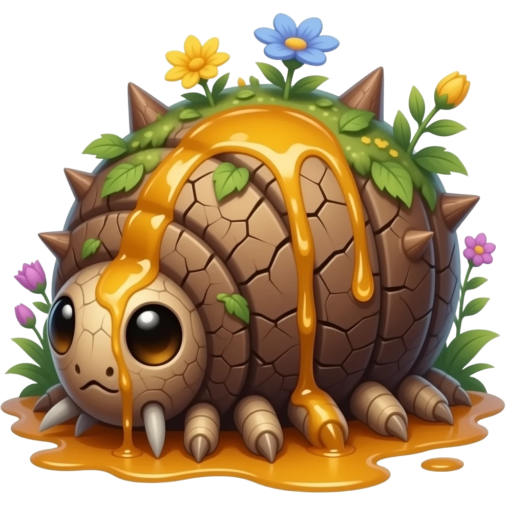 Saprawl A slow forest crawler with sticky amber sap running through cracks in its bark-like body. it's made of bark but has a few flowers blooming emoji