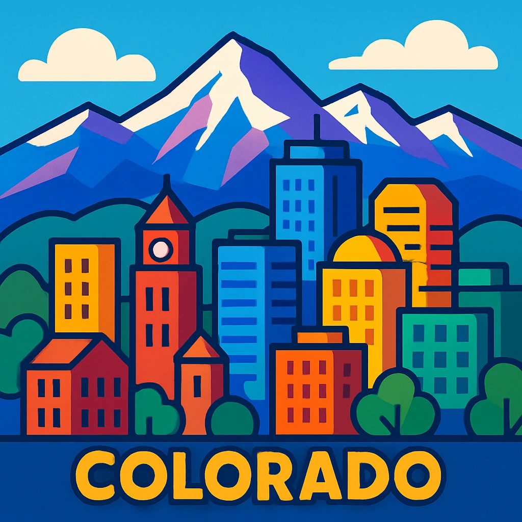 stylized illustration of a Colorado city skyline with mountains in the background, vibrant colors, clean lines emoji