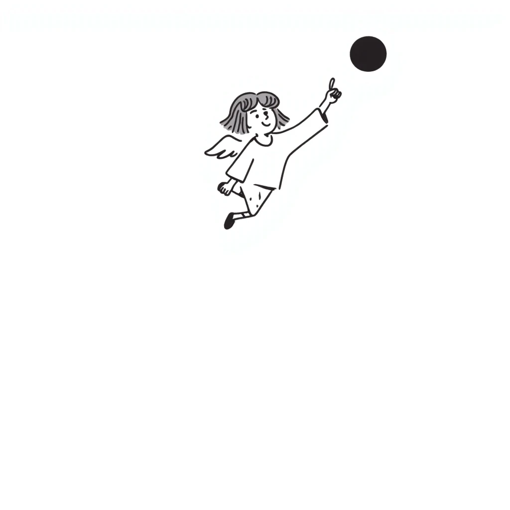 girl with light brown shoulder-length hair and white wings joyfully pointing to the sky emoji