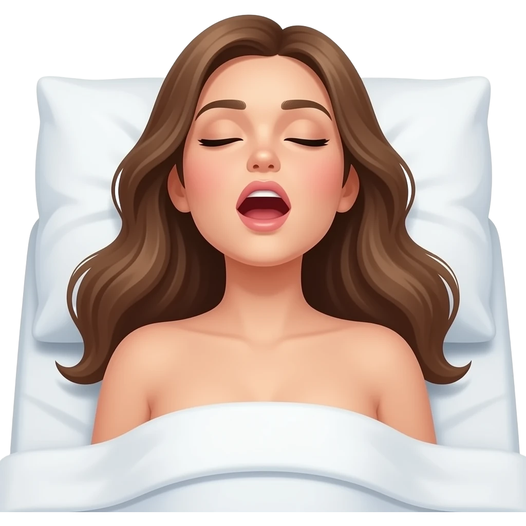 naked woman lying on back, on bed, head tilted back, mouth open, eyes closed emoji
