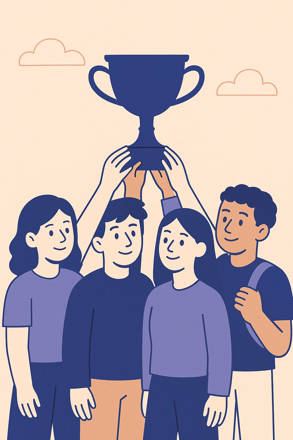 four students in a warm atmosphere lifting a trophy, flat design style, warm colors emoji