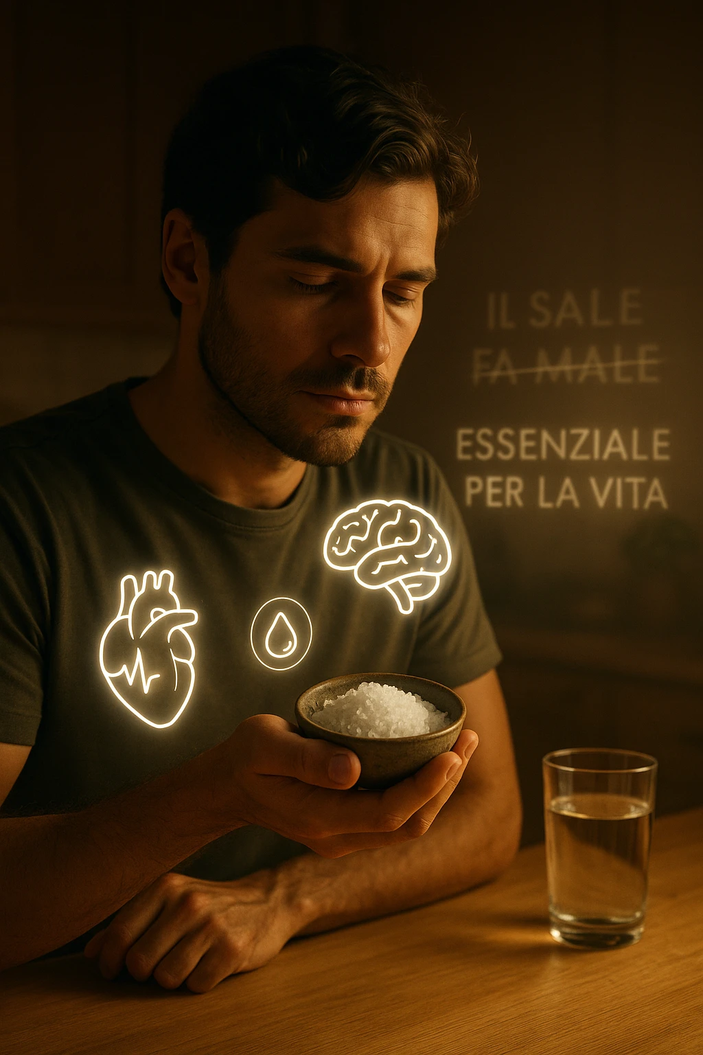 A realistic, cinematic illustration of a man in his early 30s holding a small bowl of unrefined sea salt in his hand, looking at it with awareness and respect. Around him, glowing minimalistic symbols of a beating heart, a brain, and hydrated cells appear, indicating the essential role of sodium in hydration, nerve conduction, and overall cellular health. In the background, faint text or floating words show the false myths: ‘Il sale fa male’, crossed out gently, while the phrase ‘Essenziale per la vita’ glows softly. The setting is a warm, softly lit kitchen with a glass of water nearby, emphasizing balance. The color palette is warm, natural, and calming, emphasizing that salt, when used consciously, is vital for human health, against common misconceptions demonizing it. emoji