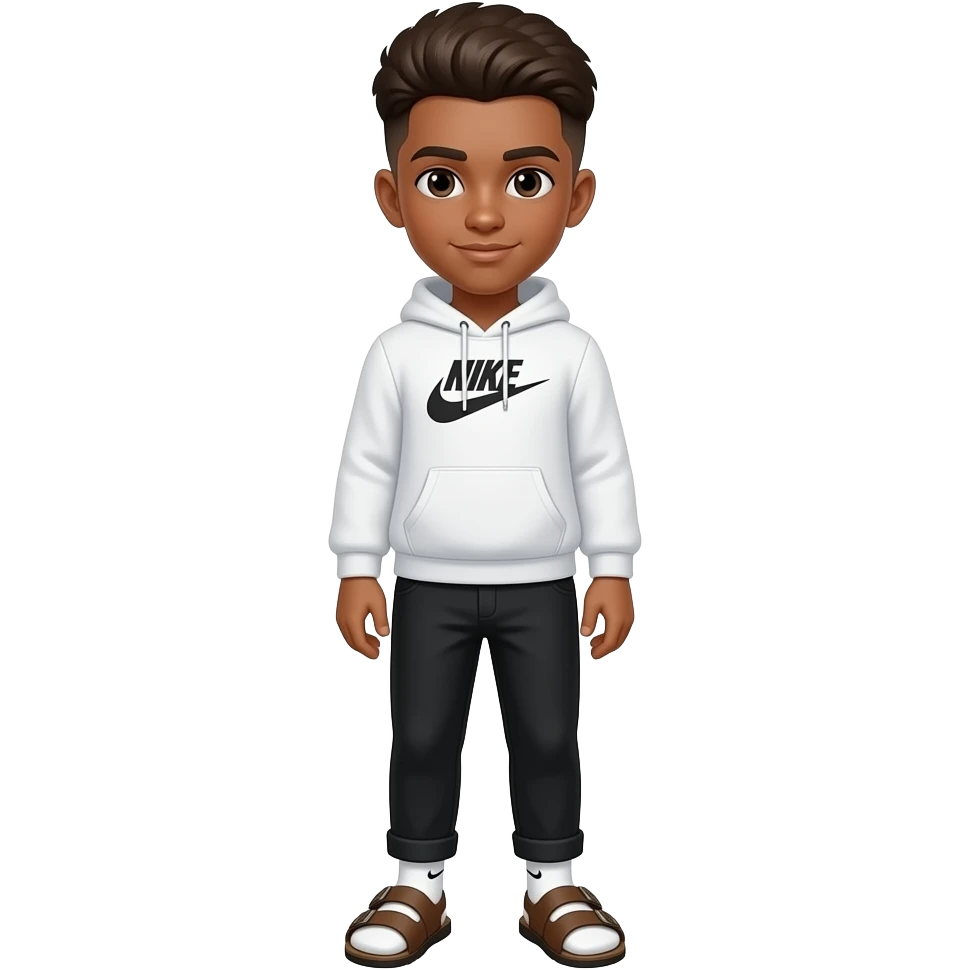 make a super hot brown skin colored high schooler with fluffy brown low taper fade wearing a white nike hoodie with black essential pants and brown birkenstocks with nike socks emoji