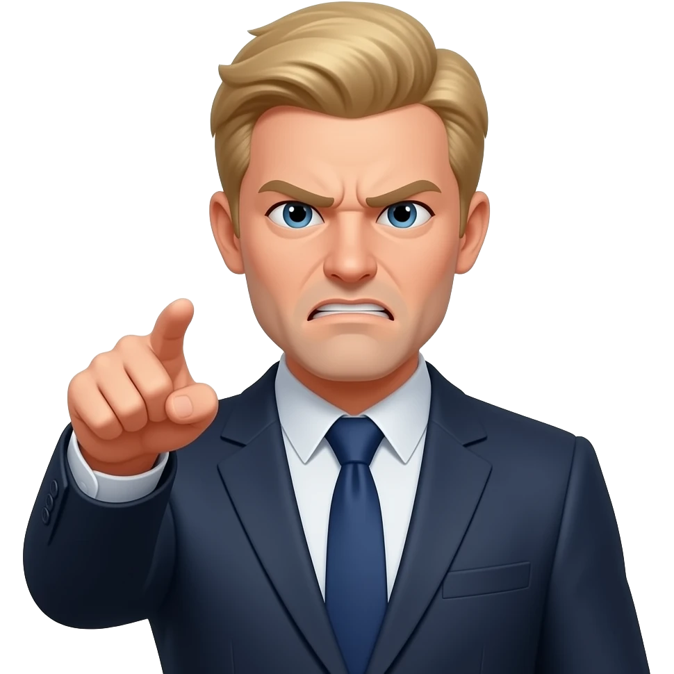Emojis de alguien de un abogado con ropa elegante y con una corbata de azul oscuro enojado con cabello rubio una expresión cansada y enojada y a señalando emoji