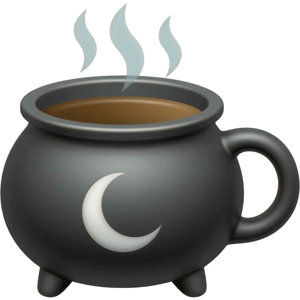 Black cauldron shaped mug witch a white moon crescent symbol has steaming coffee in it. emoji