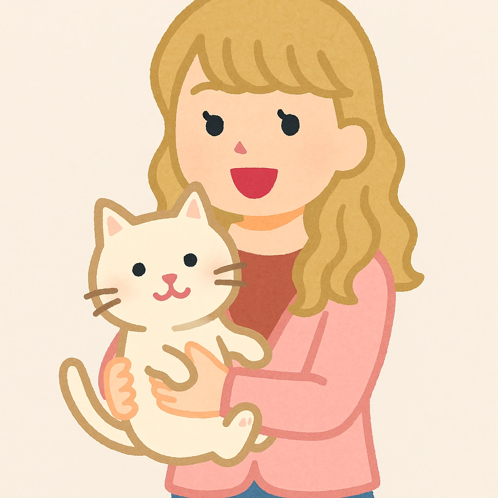 Taylor Swift in Irasutoya style, with a cat, cheerful expression emoji