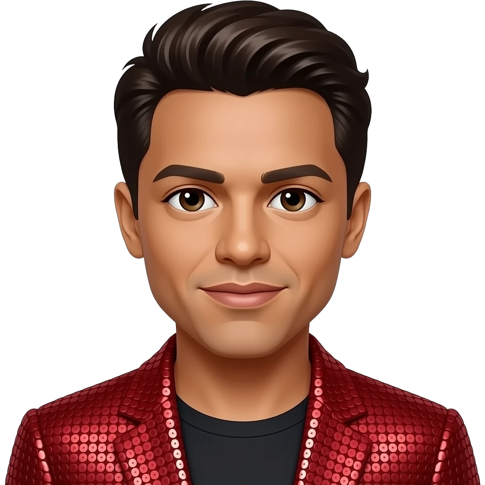 Bruno Mars with dark brown hair, red sequin outfit emoji