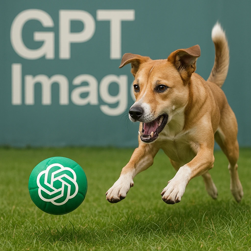  logo of chat gpt with text "GPT Image" on the background of a dog chasing ball, realistic image emoji