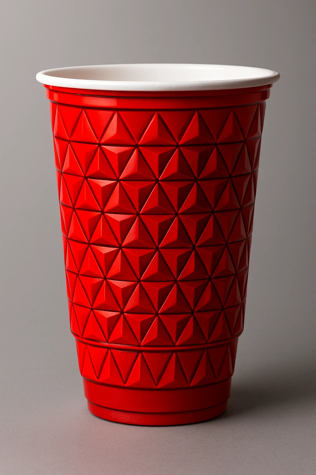 a red plastic party cup with a pyramid pattern, bold and graphic emoji