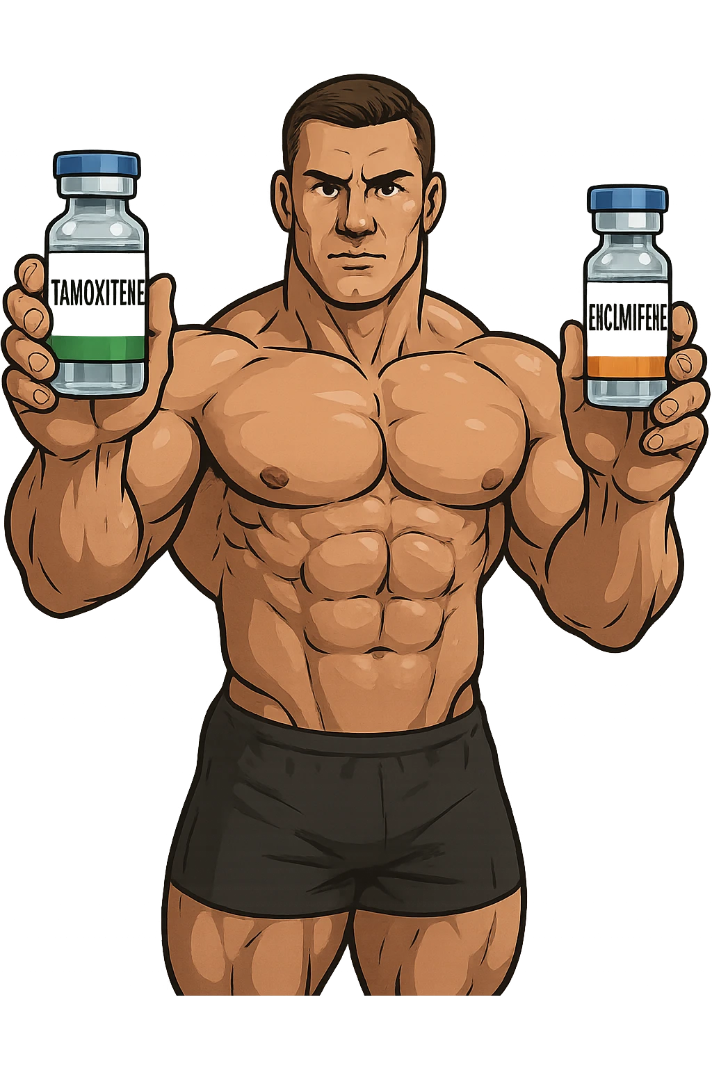 bodybuilder tiene una fiala medica con la scritta "TAMOXIF€NE" NELLA MANO DESTRA E UNA FIALA CON LA SCRITTA €NCL*MIFENE" NELLA MANO SINISTRA emoji
