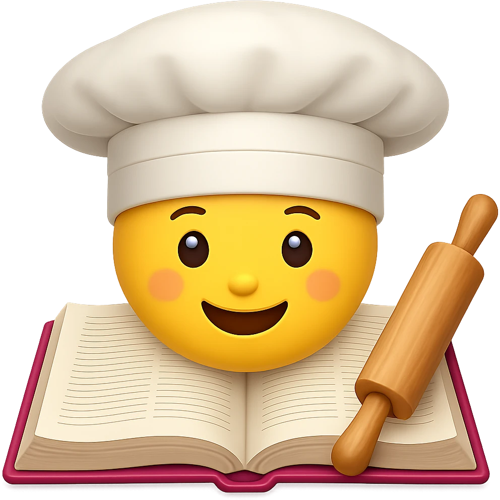 Create an emoji style image of a chef hat on top of a cookbook with a rolling pin. The style should resemble apple style emojis with clear, concise details and vibrant colors. emoji