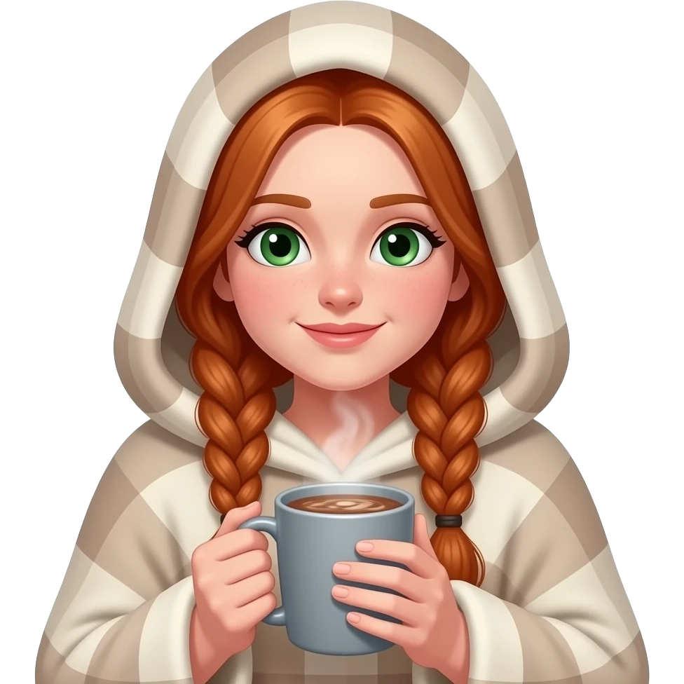 emojis.com a-redhead-girl-with-long-braided-hair,-green-eyes, wrapped head to toe in a blanket like a hoodie with a gray a-cup-of-hot cocoa. emoji