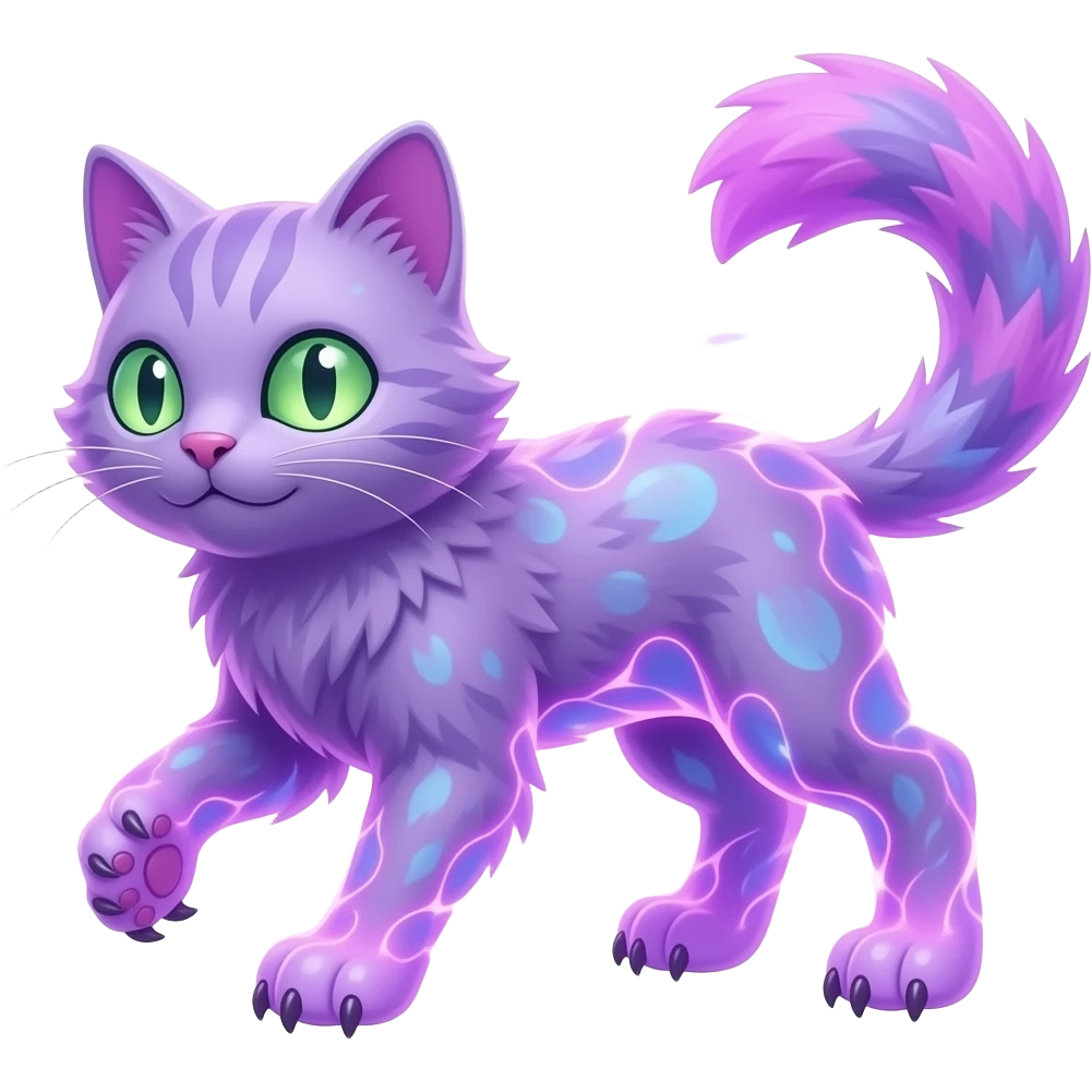 from My Singing Monsters, a purple ethereal cat monster, translucent glowing plasma body, floating paws, magenta fur, glowing eyes, mysterious atmosphere, magical, stylized monster, 4k, bright colored background, high quality, My Singing Monsters style, --ar 1:1 --v 6.0 emoji