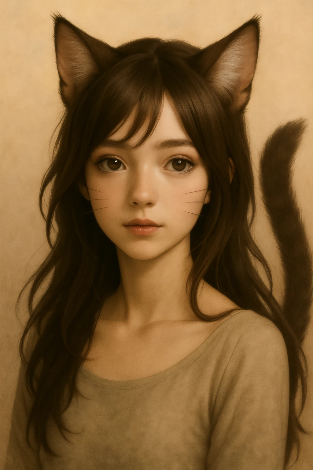 Add more cat-like features including prominent cat ears, whiskers, feline nose, and a fluffy tail, in a realistic anime style. emoji
