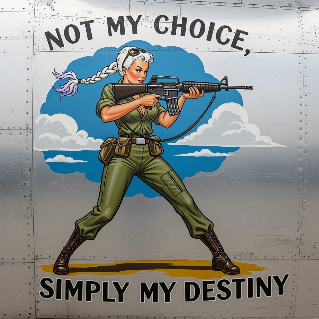 a retro military pinup fuselage decoration for the motto " not my choice, simply my destiny "
the female figure in the pinup image wears a single white braid with lavender tips, tactical reloading m4a1 emoji