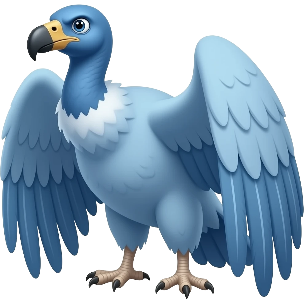 A Condor emoji. It's not a generic Condor, it's a Vultur Gryphus. Ensure it has a light Cobalt blue tone in its feathers, and the same Cobalt blue, but more intense, in the skin of its neck and head, without other exaggerated colors. Full-body pose. Ensure a cartoonish, menacing, yet confident look. emoji