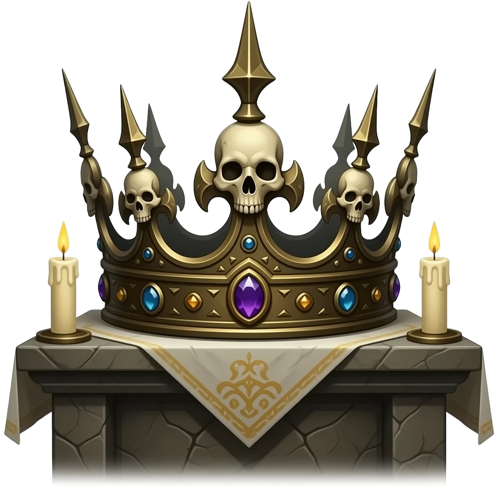 Готическая Корона (верх): корона из костей и темного металла. Видны верхние зубцы и камни. На краю алтаря со свечами. Мрачная атмосфера, резкие тени. emoji
