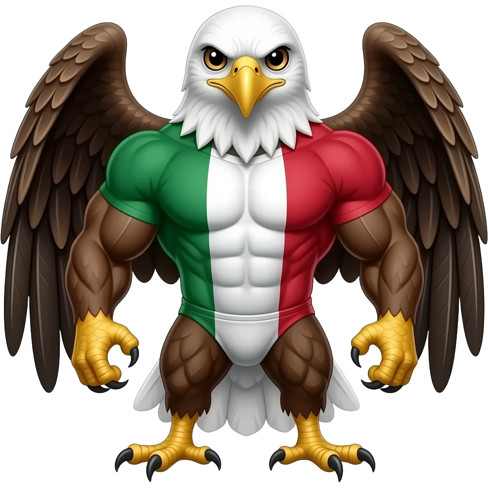 Quiero un diseño de águila musculosa mirando de frente, que salga también la bandera en Italia, muy rebelde è irreverente emoji