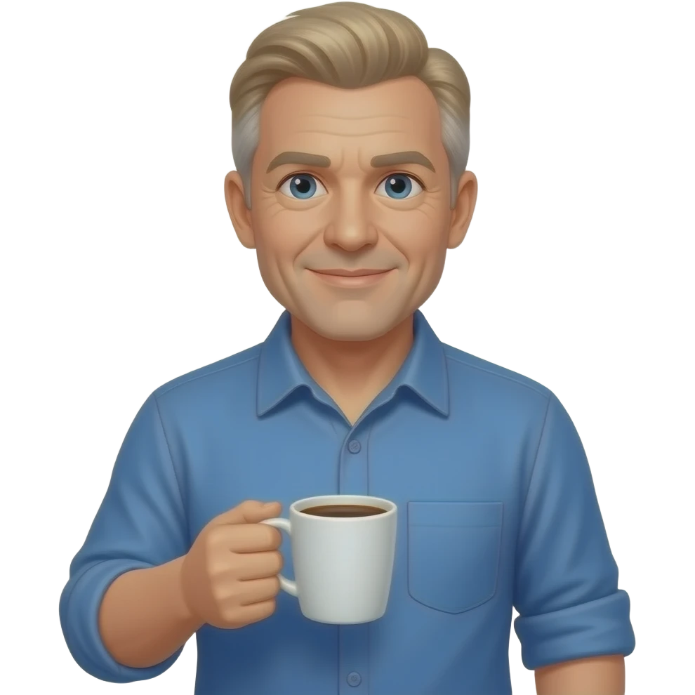 WHITE MAN IN HIS 50S with no facial hair blond salt and pepper  WEARING A BLUE BUTTON UP HOLDING A CUP OF COFFEE emoji