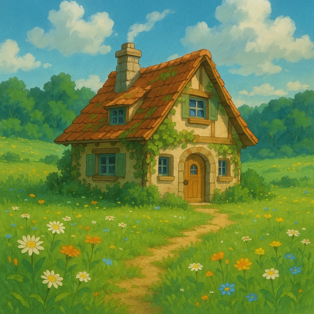 cozy cottage in a meadow in ghibli style emoji