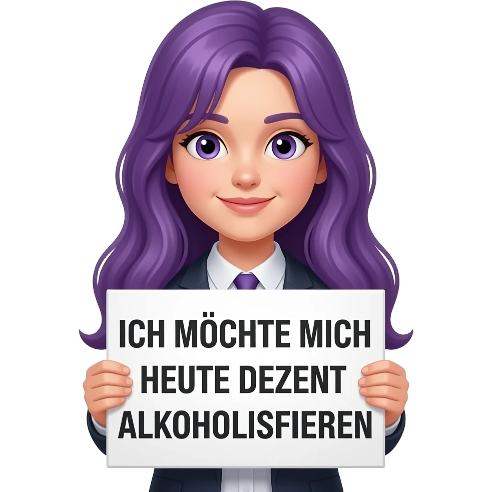 girl with long purple hair holding a ICH MÖCHTE MICH HEUTE DEZENT ALKOHOLISIEREN sign emoji