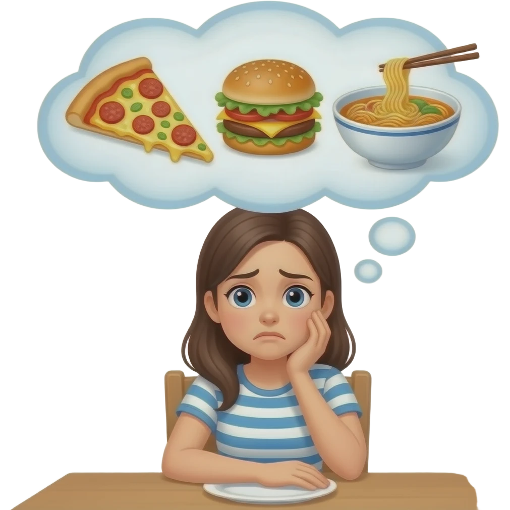 A worried young woman sitting at a table, anxious expression, a large thought bubble over her head. Inside the thought bubble, there is a delicious variety of food like pizza, burgers, and ramen. Illustration style, clean lines, vibrant colors. emoji