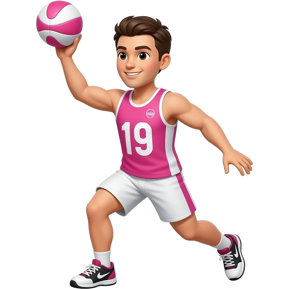 male netball player playing netball dressed in pink white ball emoji