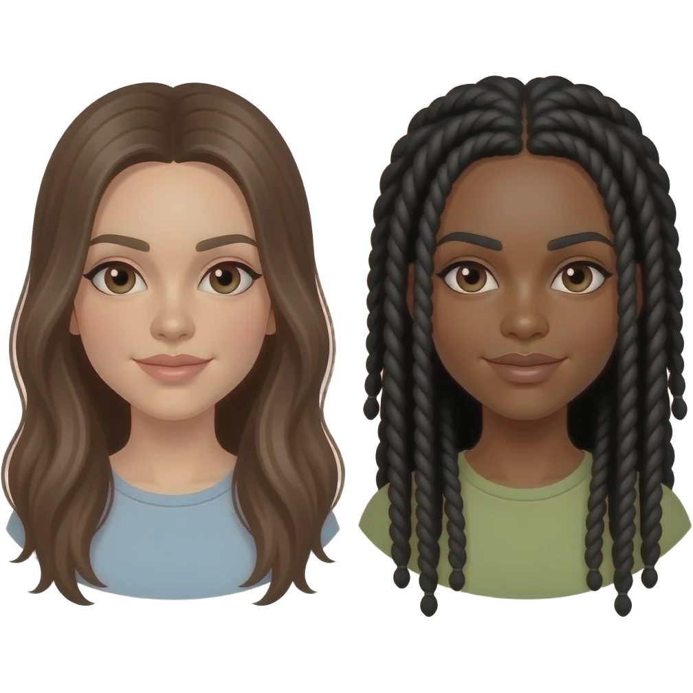 White girl long brown hair brown eyes.  Black hiy lomg dreads emoji