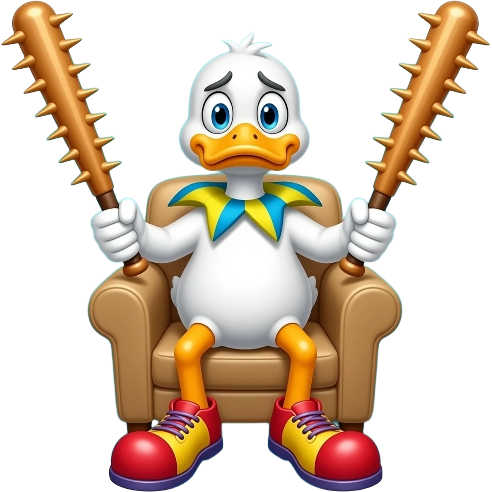 tensely worried surprised and frustrated teal circle holding spiked baseball bats and an armchair sitting on a duck wearing clown shoes emoji