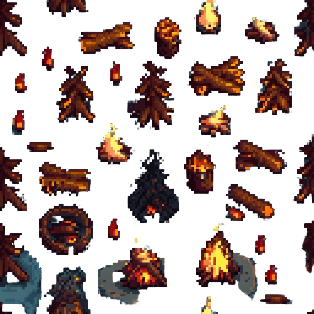 pixel art campfire with logs and sparks emoji