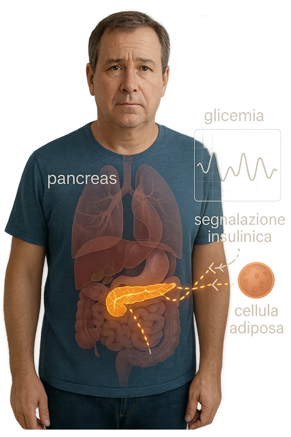 a middle-aged man stands in a clinical setting, with a semi-transparent overlay showing his internal organs. His pancreas is highlighted, and glowing lines or icons indicate disrupted insulin signaling between the pancreas and muscle or fat cells. The man’s expression is slightly concerned, and a digital chart beside him displays fluctuating blood sugar levels. The lighting is realistic, with a clean, modern medical background. scritte in italiano emoji