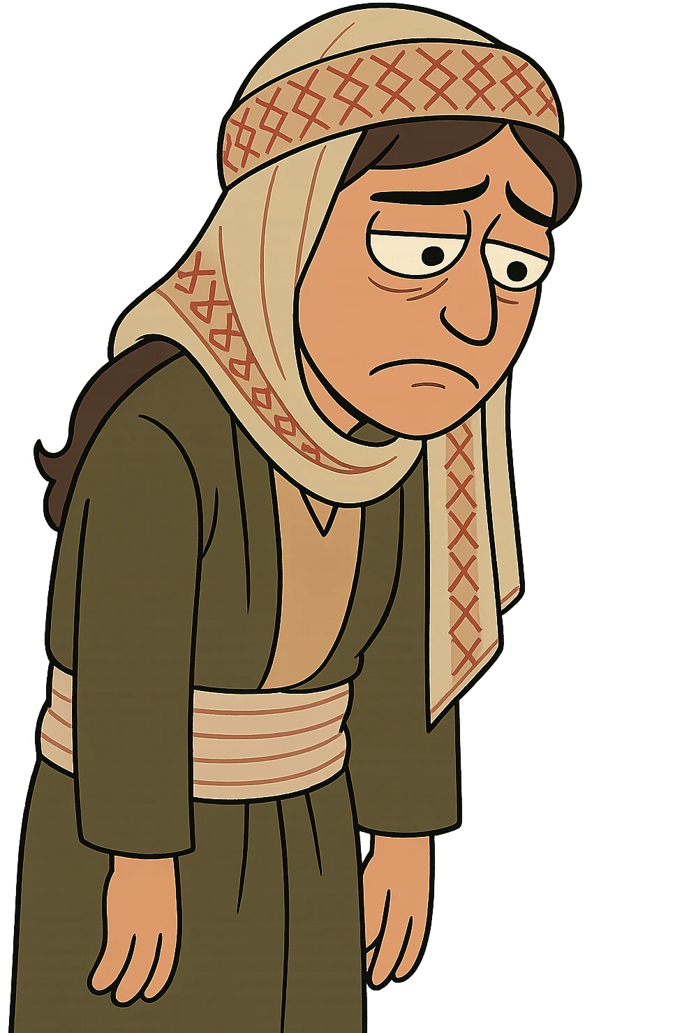 Kurdish man or woman in jamadani, cartoon style, feeling disappointed, slouched posture, sad eyes, no text emoji
