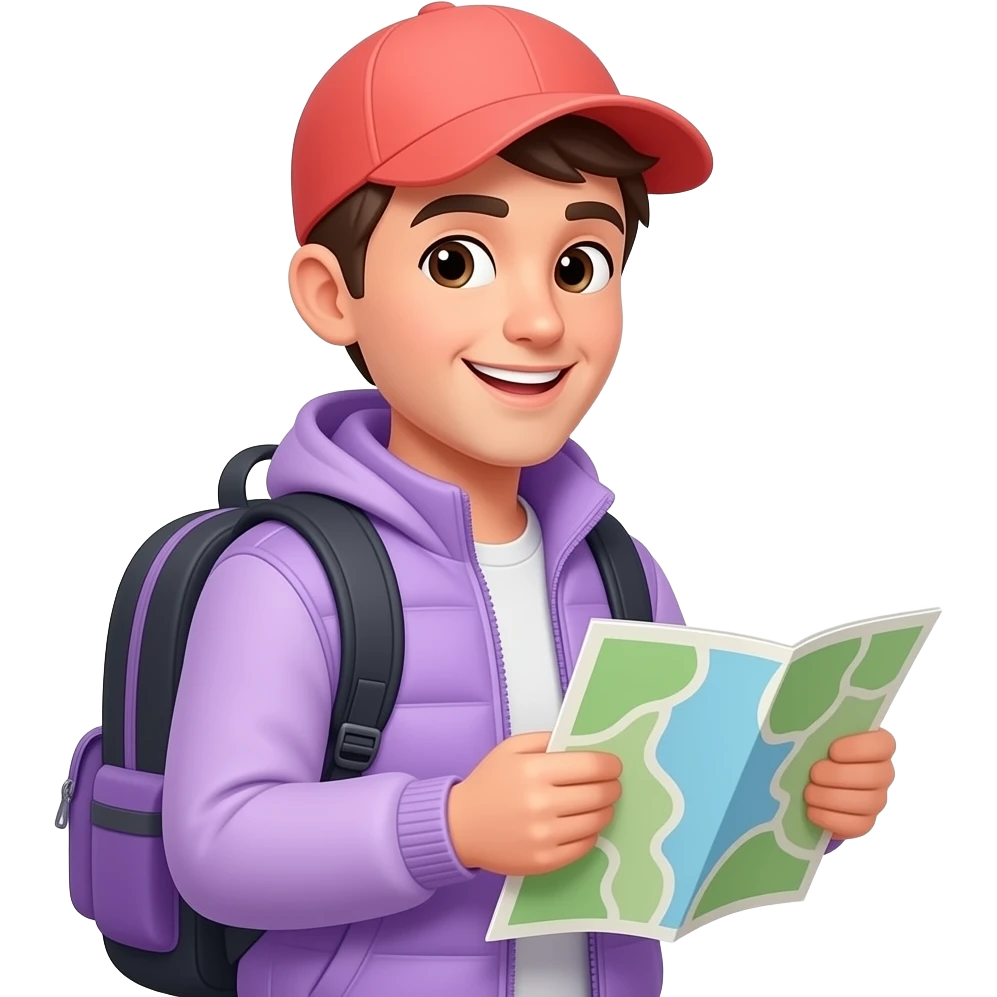 Smiling emoji person, lilac vest and backpack, coral cap, holding a map, portrait, close-up, happy expression, Apple emoji style, predominantly lilac with coral accents emoji