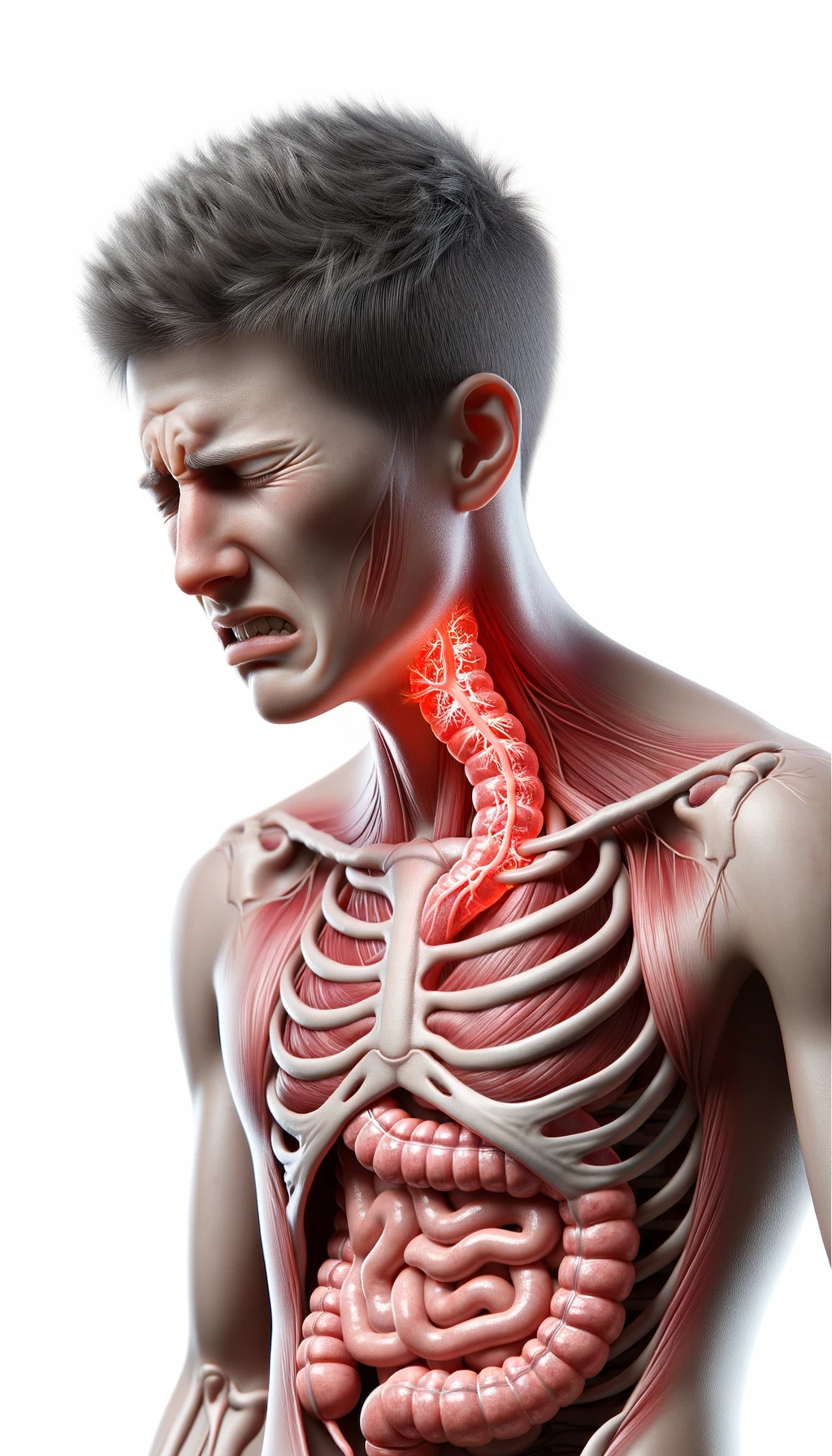 corpo umano anatomico con capelli corti realistico con intestino infiammato, espressione di dolore in volto, iperrealistico 4k, isolato su sfondo bianco emoji