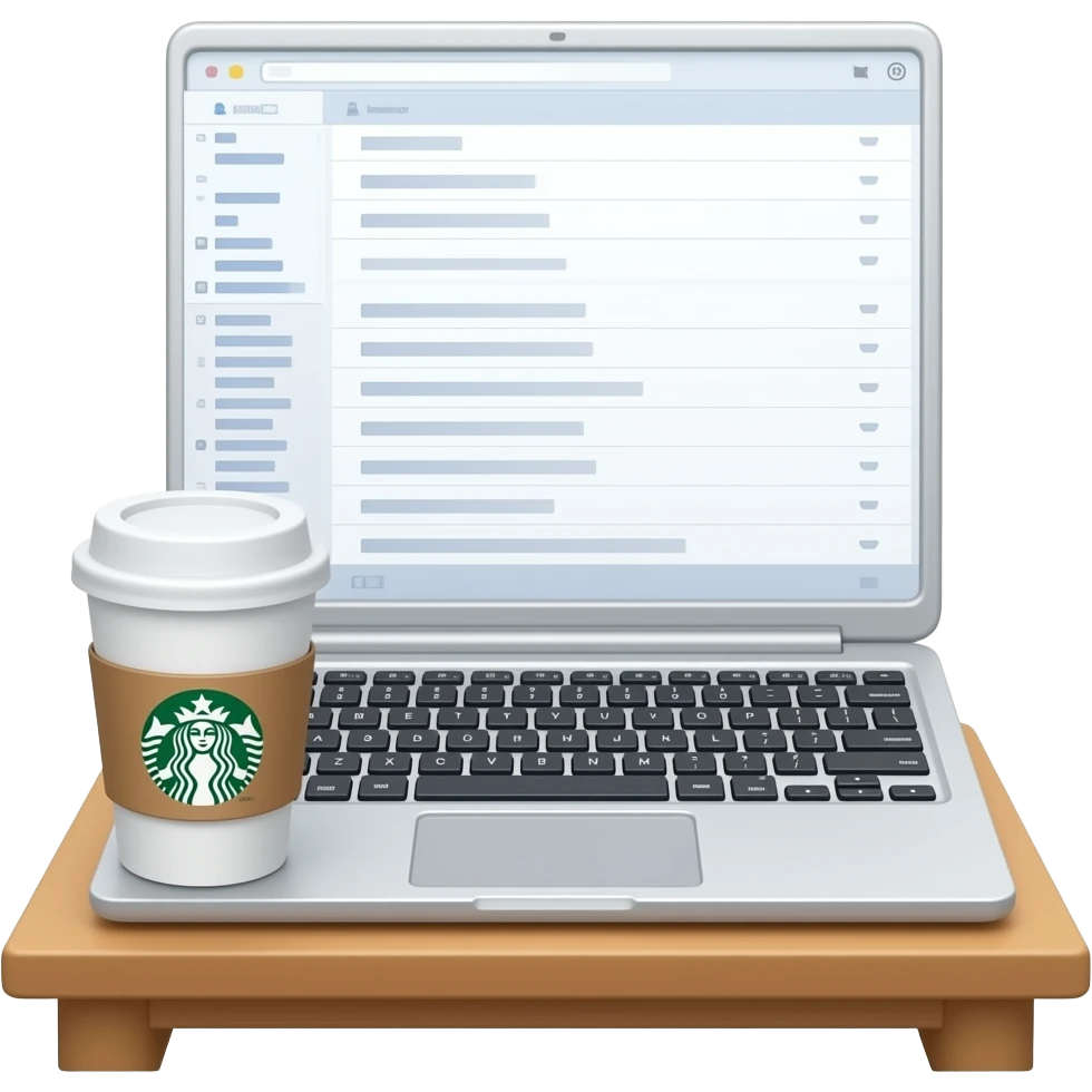 PLEASE CREATE OPEN LAPTOP WITH EMAILS ON THE SCREEN WITH STARBUCKS CUP ON TABLE emoji