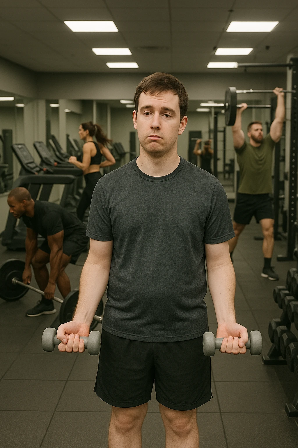 Uomo in palestra moderna, vestito con abbigliamento sportivo, mentre solleva manubri molto leggeri con espressione annoiata o poco coinvolta. Intorno a lui, altri atleti si allenano intensamente. Il suo fisico appare poco sviluppato o non in progresso. Atmosfera statica, senza sudore o fatica visibile, specchi puliti e attrezzi poco usati. Luce artificiale da palestra, ambiente pulito ma scena visivamente 'vuota' di sforzo emoji