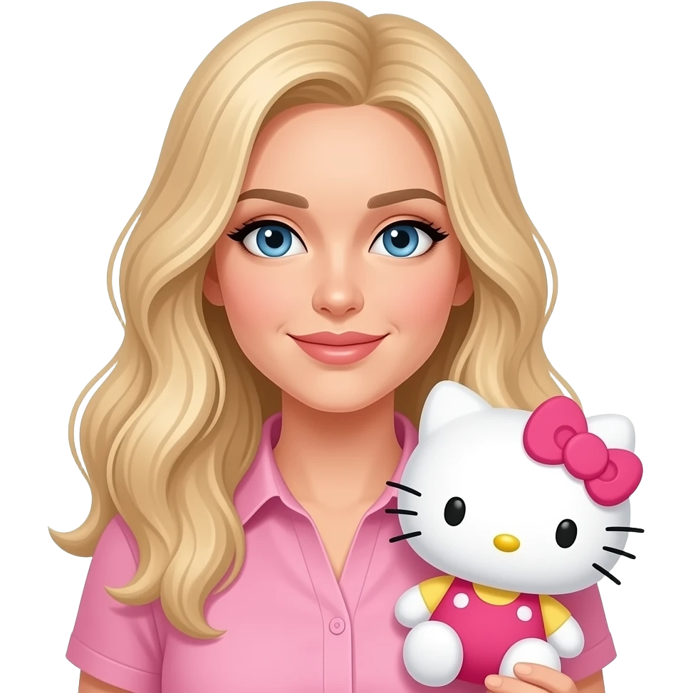 Woman with long long  blonde  hair, blue eyes, light to medium complexion, in a pink shirt, holding a stuffed hello kitty emoji