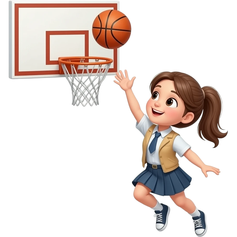 create a girl throwing a ball into a basket ball net but with no back board so just the net. She is wearing a vest and skirt emoji