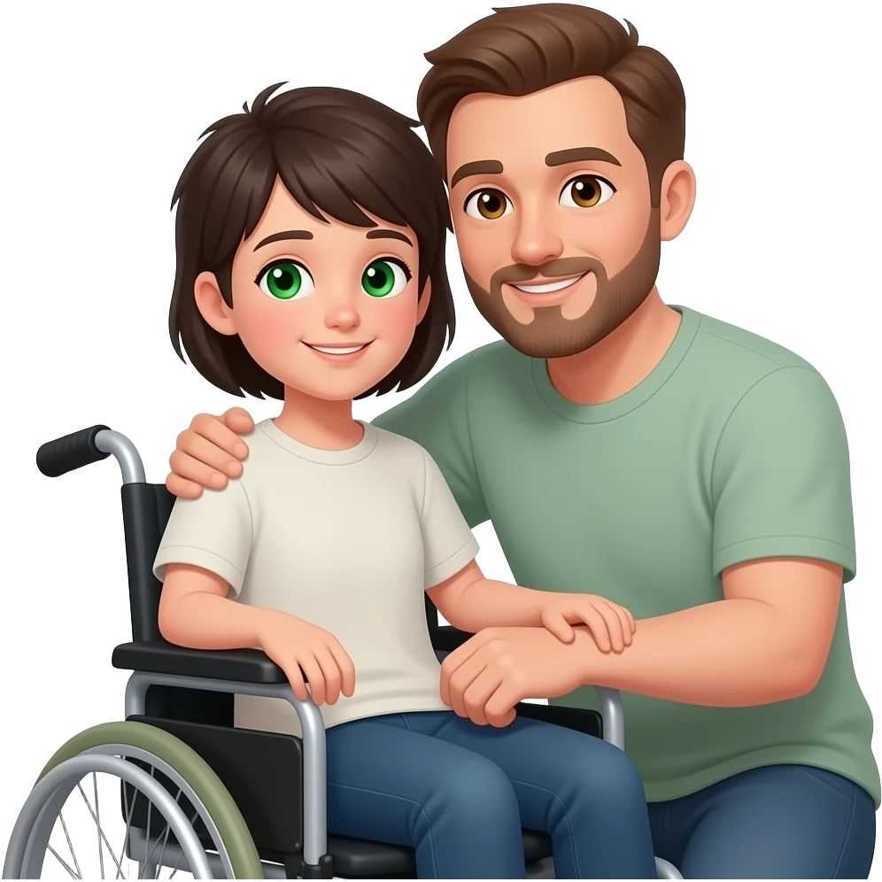 "Emoji WhatsApp minimalista estilo Disney: chico 15, piel blanca, pelo corto oscuro, ojos marrón, silla de ruedas; mamá aura verde ojos verdes; papá aura marrón ojos marrón, pelo corto, leve calvicie, barba mixta; abrazándolo, líneas simples, fondo transparente." emoji